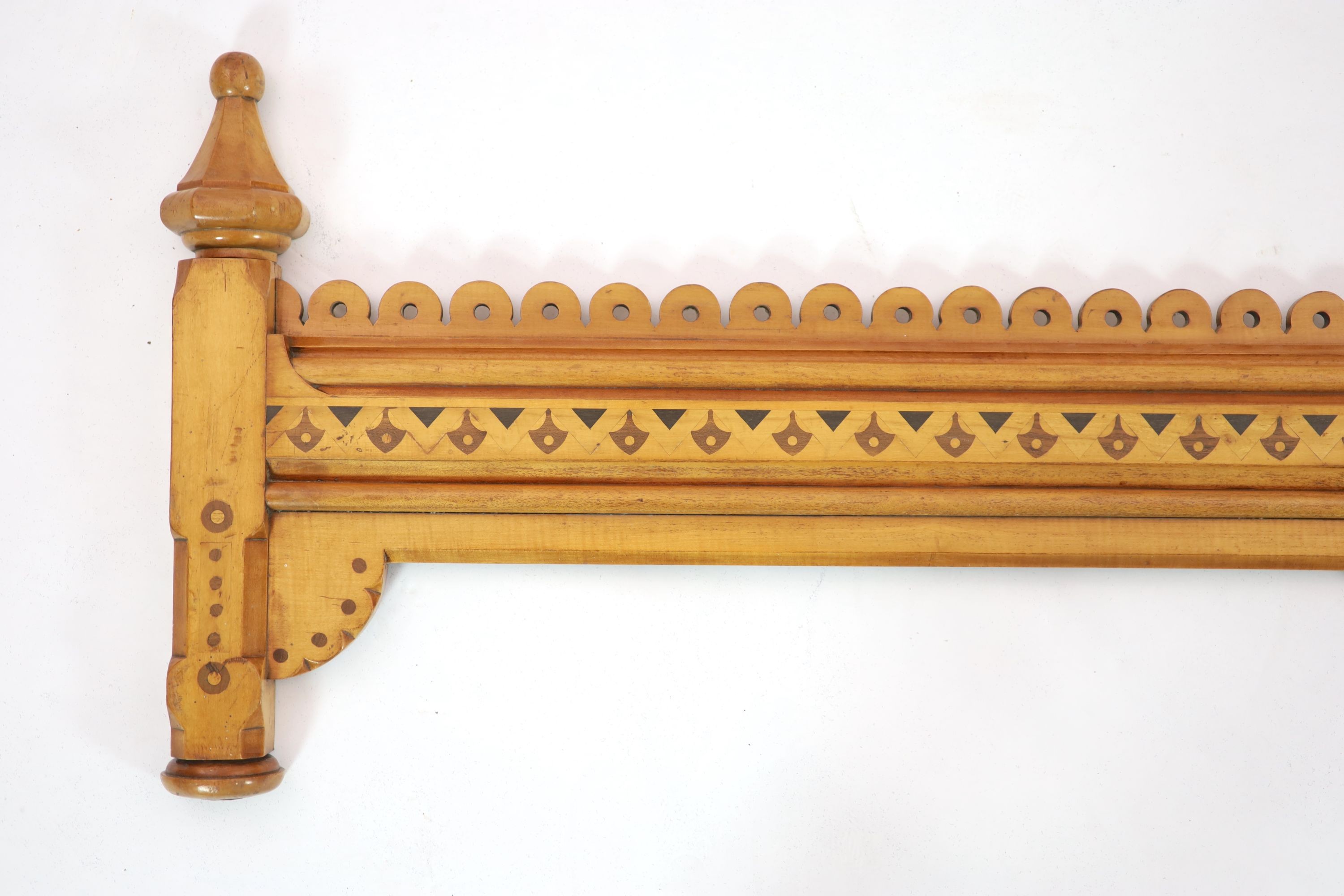 Attributed to Charles Bevan for Marsh, Jones and Cribb. An Aesthetic movement marquetry inlaid satin birch tester front panel and footboard, c.1865 H 131cm. W 168cm.